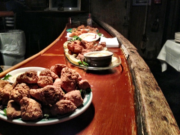 Fried bluefish and striped bass bites on the bar at the Landfall